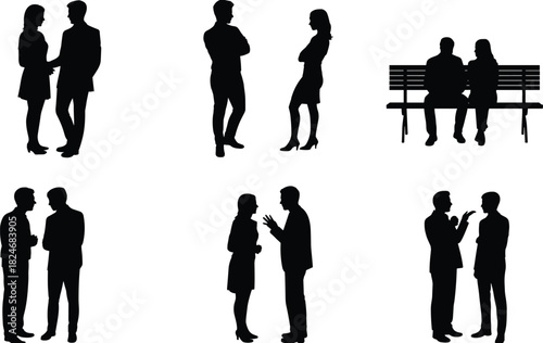 Business, people, silhouette, talking, conversation, couple, meeting, communication, negotiation, man, woman, profile, black, shadow, vector, illustration, social, interaction, teamwork, concept