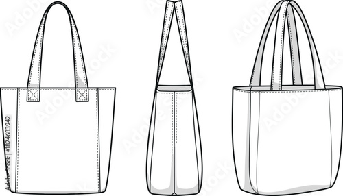 Canvas tote bag CAD drawing, front side perspective views reusable shopping bag flat vector illustration for fashion accessory design template