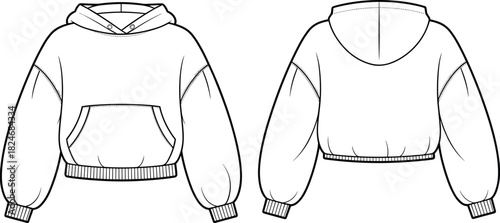 Cropped hoodie CAD drawing, front and back view oversized sleeve streetwear sweatshirt flat vector illustration for apparel technical fashion design