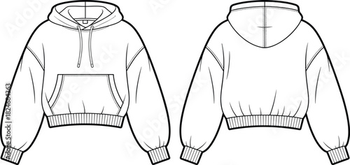 Cropped pullover hoodie CAD drawing, front and back view balloon sleeve streetwear sweatshirt flat vector illustration for apparel technical design