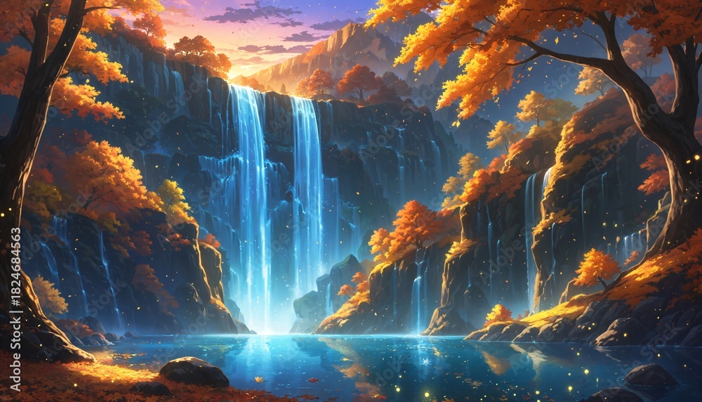 Obraz premium autumn waterfall landscape with colorful foliage and glowing light effects