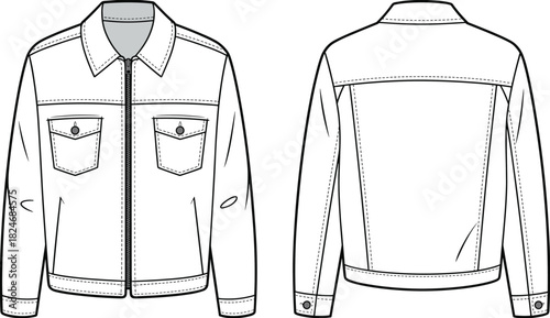 Denim zip jacket CAD drawing, front and back view modern trucker style outerwear flat vector illustration for apparel technical fashion design