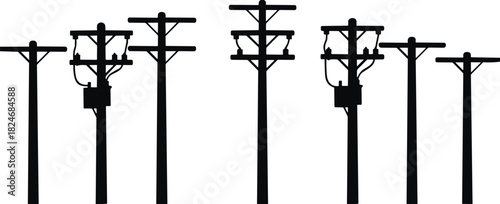 Electric, power, pole, silhouette, set, transmission, utility, electricity, infrastructure, energy, grid, line, shadow, black, vector, illustration, engineering, distribution, industry, technology