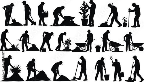 Gardening Worker Silhouette Collection, Landscaping People Poses with Tools, Shovel Wheelbarrow Planting Icons, Black Vector Outdoor Labor Illustration Set