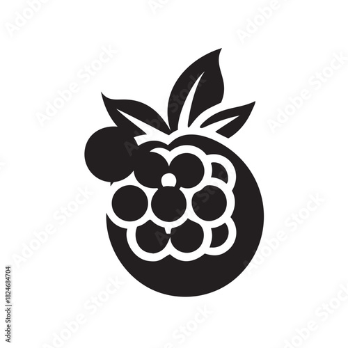 A stylized raspberry illustration in black, featuring a cluster of berries, leaves, and a sleek, modern design.