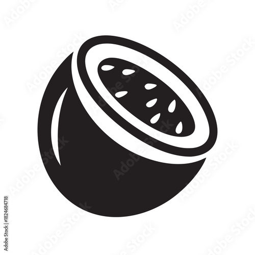 A monochromatic illustration of a passion fruit, halved to reveal its inner seeds. The design highlights the natural shape and texture
