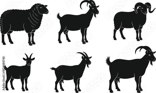 Goat and Sheep Silhouette Set, Farm Livestock Animals Collection, Black Vector Illustration Icons for Agriculture, Rural Farming Design Projects