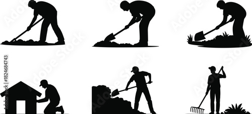 Gardening, worker, silhouette, digging, planting, farming, agriculture, landscaping, shovel, tools, outdoor, labor, black, shadow, vector, illustration, rural, worker, activity, nature
