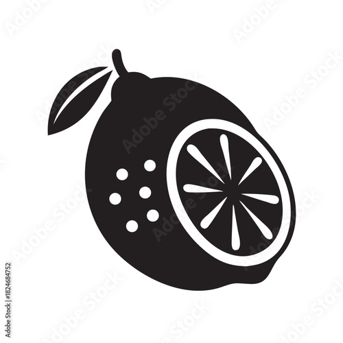 A single cut lemon in a monochrome illustration, isolated with a cut view to show seeds and texture