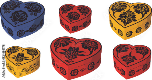 Heart Shaped Gift Box Collection, Floral Pattern Valentine Packaging, Decorative Love Boxes, Colorful Vector Illustration Set for Romantic Holiday Designs