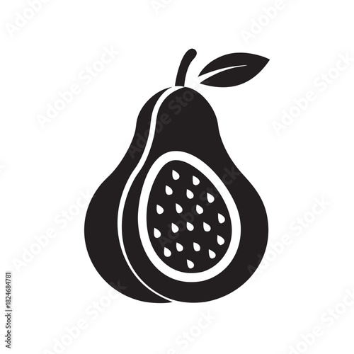A stylish black and white illustration of a ripe avocado, cut open to reveal the seed