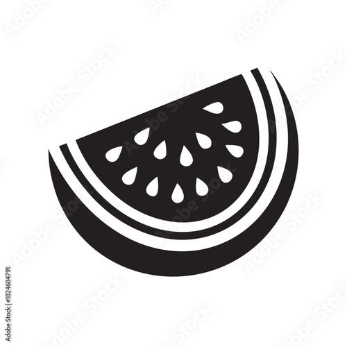 A monochrome illustration of a watermelon slice, a refreshing and juicy fruit, cut with black and white color