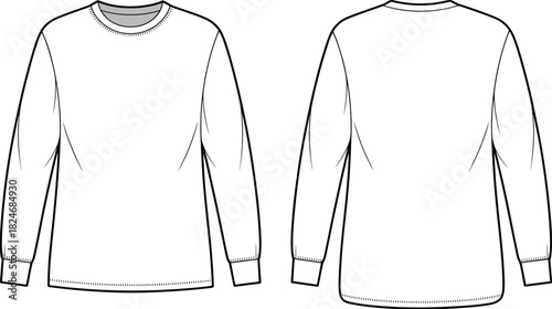 Long sleeve t shirt CAD drawing, front and back view basic crew neck apparel flat vector illustration for fashion technical design