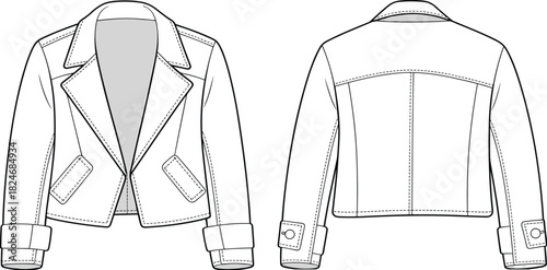 Leather biker jacket CAD drawing, front and back view cropped motorcycle jacket flat vector illustration for apparel fashion technical design