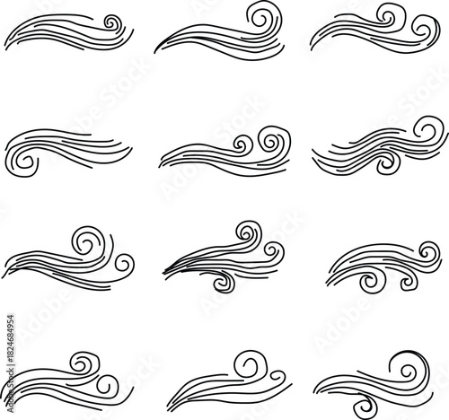 Wind swirls and gusts collection isolated on transparent background
