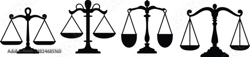 Black Silhouette Vector Icons of Scales of Justice and Balance, Symbolizing Law, Fairness, Equality, Ethics, Measurement, and Weight for Legal Services, Accounting, and Judicial Design Projects