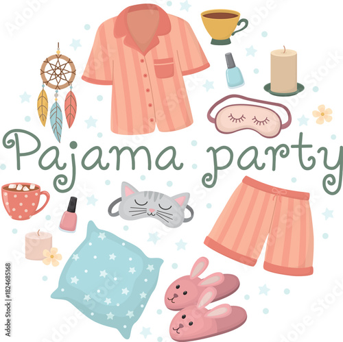Round illustration with cute elements for pajama party. Set with sleep masks, cup, pajama, dream catcher, candles, pillow, slippers	