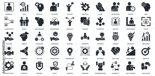 Personal Goal icon set. Containing personal, goal, develop, increase, achieve, new interest, commitment, realistic icon. Glyph style