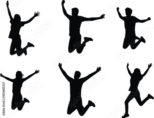 Black Silhouette Vector Icons of Young Adults Jumping High with Arms Raised, Expressing Exuberance, Joy, Freedom, Victory, Happiness, Youth, and Dynamic Motion for Marketing 