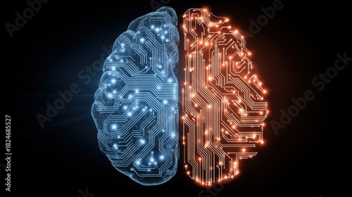 A futuristic depiction of a brain split into two halves, one resembling human cognition with cool blue lights and the other featuring warm orange circuitry to signify artificial intelligence.
