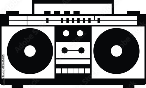 Retro 80s Boombox Black Silhouette Vector Icon, Featuring an Old School Portable Stereo, Cassette Player, and Radio for Music, Hip Hop Culture, Nostalgia, and Vintage Design Projects