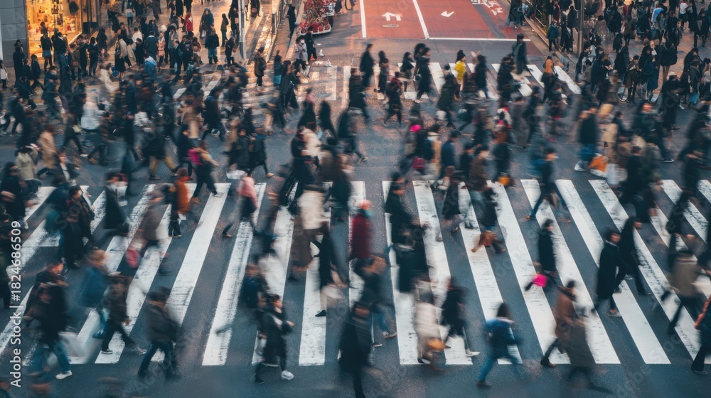 Naklejka premium A large group of pedestrians navigates a marked crosswalk in a vibrant city during evening rush hour, creating a dynamic atmosphere of movement and energy.