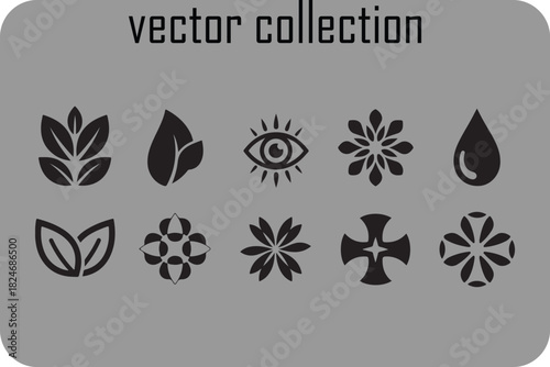 Collection of ten black vector icons and symbols including leaves an eye abstract floral shapes a water drop and a cross on a gray background with the text vector collection