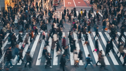 Wallpaper Mural A large group of pedestrians navigates a marked crosswalk in a vibrant city during evening rush hour, creating a dynamic atmosphere of movement and energy. Torontodigital.ca