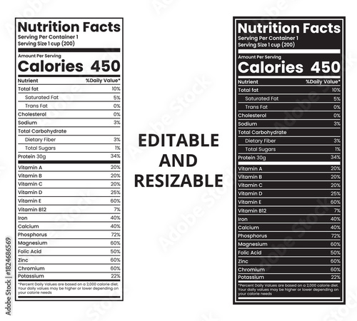 Editable and resizable nutrition facts labels in standard and inverted black and white designs