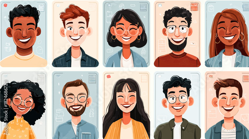 A vibrant collage displays ten individuals with bright smiles, expressing joy and connection. Their styles and backgrounds vary, celebrating diversity and the power of happiness in everyday life.