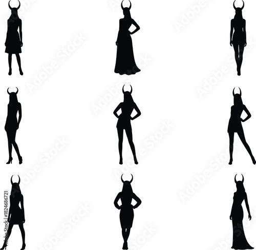 Stylized Black Silhouette Collection of Nine Elegant Female Figures with Crescent Horn Headdresses, Posing in Various Fashionable Attires like Dresses and Gowns, Representing Mythology, Fantasy