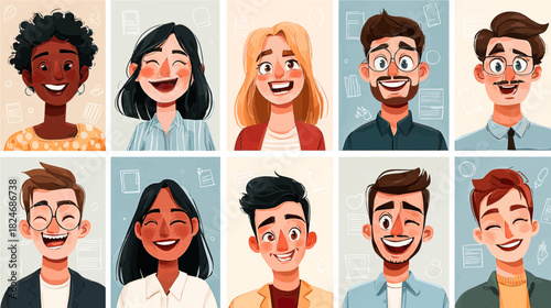 A vibrant collage displays ten individuals with bright smiles, expressing joy and connection. Their styles and backgrounds vary, celebrating diversity and the power of happiness in everyday life.