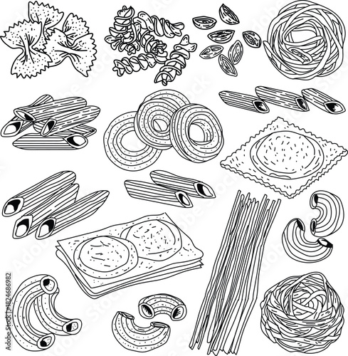 Pasta variety sketches black and white isolated on transparent background