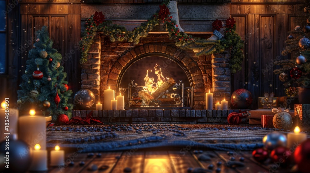 Fototapeta premium A cozy Christmas living room with a glowing fireplace, candles, and festive decorations creating a warm holiday atmosphere.