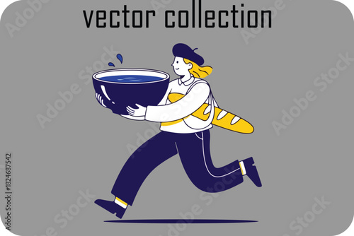 A stylized vector illustration of a person in a beret running with a large bowl of soup and a baguette representing food delivery or a culinary theme