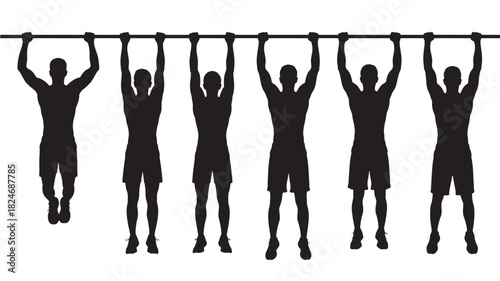 Set of pull-up exercise silhouettes demonstrating different stages of the workout vector illustration isolated on white