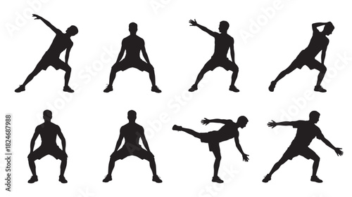 Set of silhouette exercise poses vector illustration of fitness workout isolated on white background