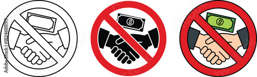 Anti-corruption and no bribery symbol showing a forbidden handshake exchanging money in various styles including line art silhouette and color 