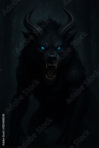 Horned Black Wolf with Blue Eyes