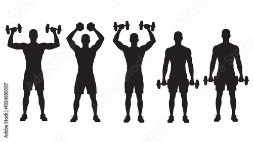 Silhouette of a man doing shoulder press exercise with dumbbells vector illustration for fitness and strength training isolated on white background