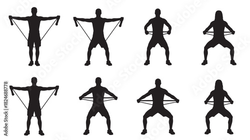 Resistance band exercise silhouettes vector illustrations of man and woman workout routines isolated on white background