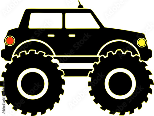 Bold black silhouette of a monster truck on a white background