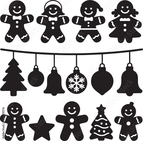 Black and white Christmas decoration set with gingerbread men and ornaments