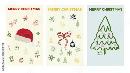 Christmas illustrations featuring a Santa hat, festive ribbon, snowflakes, and a minimal tree, ideal for holiday cards, seasonal marketing designs, and cheerful winter-themed visual projects.