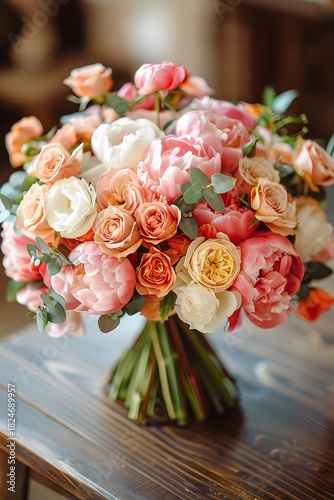 A stunning bouquet of roses and peonies showcases a blend of soft pink, white, and peach hues. This floral display brings a touch of elegance to a rustic wooden table in a cozy setting