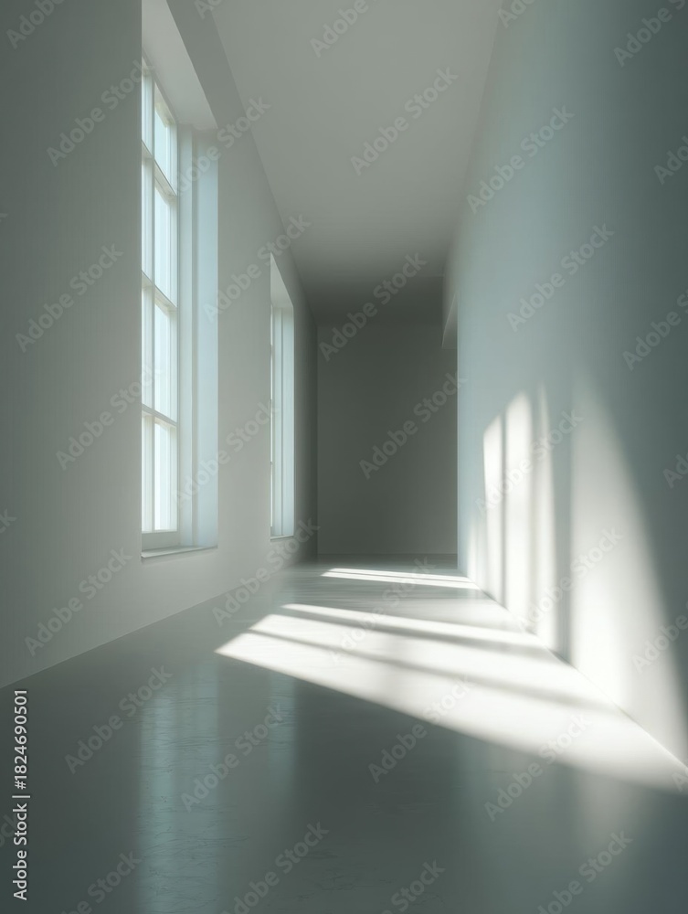 Obraz premium Empty room with white walls and floor. the room has two large windows on the left side, allowing natural light to enter the space. the windows are large and let in plenty of natural light.