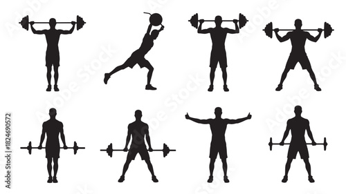 Set of fitness exercise silhouettes weightlifting and bodyweight training vector illustration isolated on white background