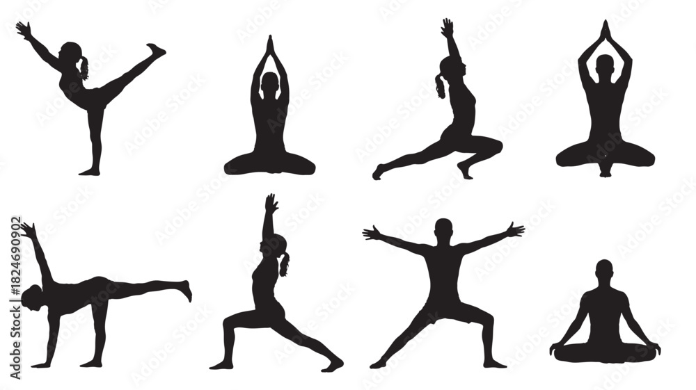 Fototapeta premium Set of yoga poses silhouettes various asanas in black vector illustration isolated on white background for fitness and wellness concepts