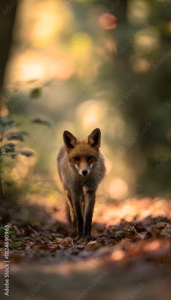 Naklejka premium Autumn fox portrait serene wildlife scene golden light forest leaves peaceful nature photography tranquil woodland beauty