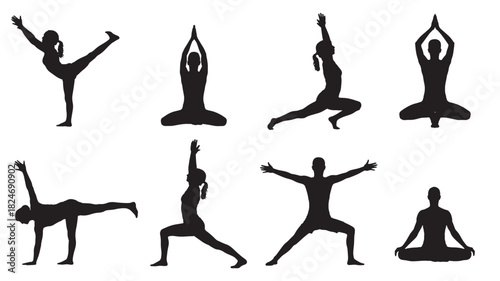 Set of yoga poses silhouettes various asanas in black vector illustration isolated on white background for fitness and wellness concepts